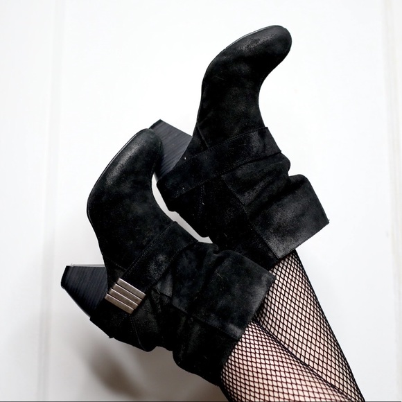 Shoes - Black suede booties with a buckle detail